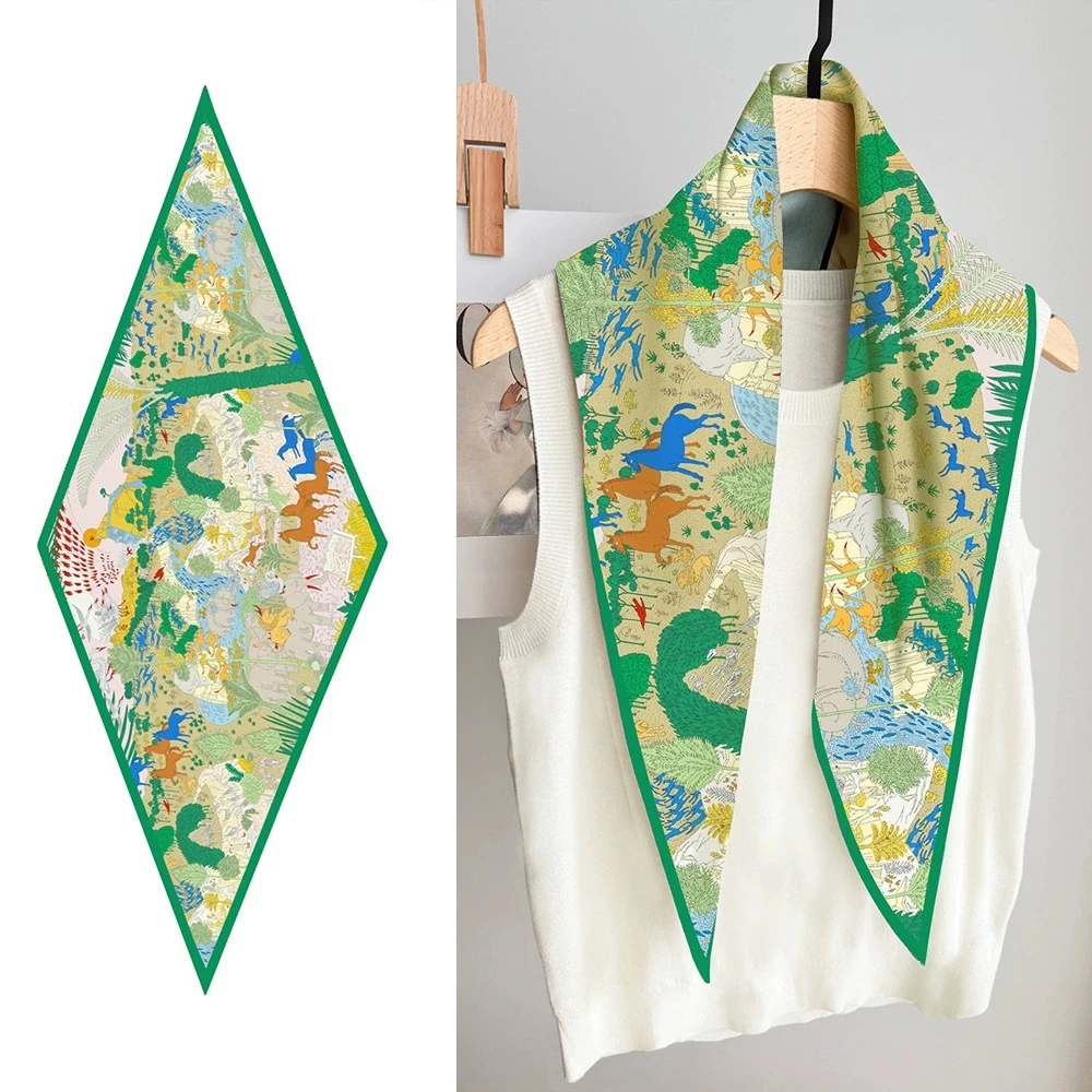 Forest And Animal Printing Diamond Twill Silk Scarf Woman Luxury Bandana Headband Hijab Foulard Neckerchief Shawl For Ladies