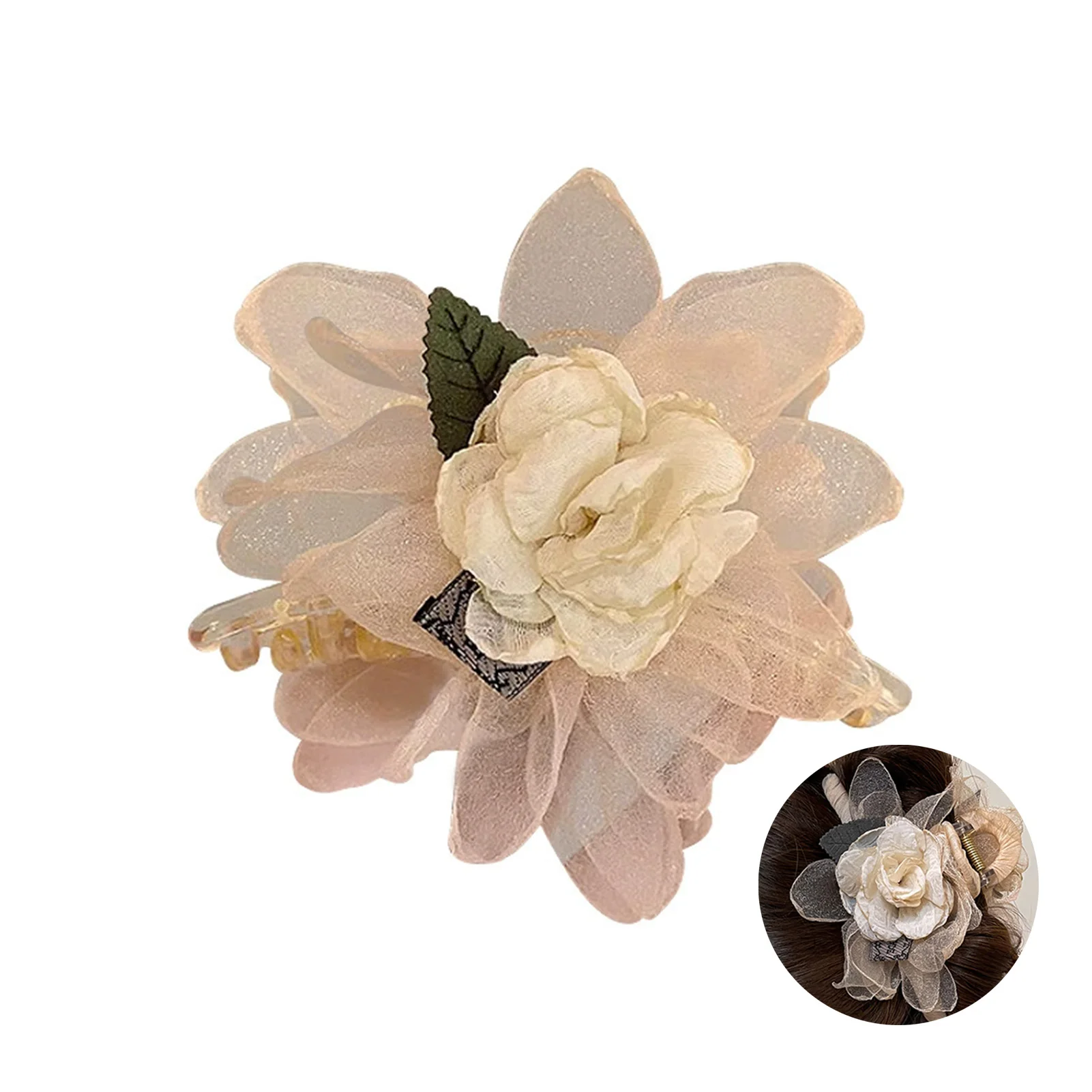 Korean Style Flower Hair Claw Champagne Color Mesh Mountain Camellia Shark Hair Gripper Sweety Exquisite Flower Hair Accessories