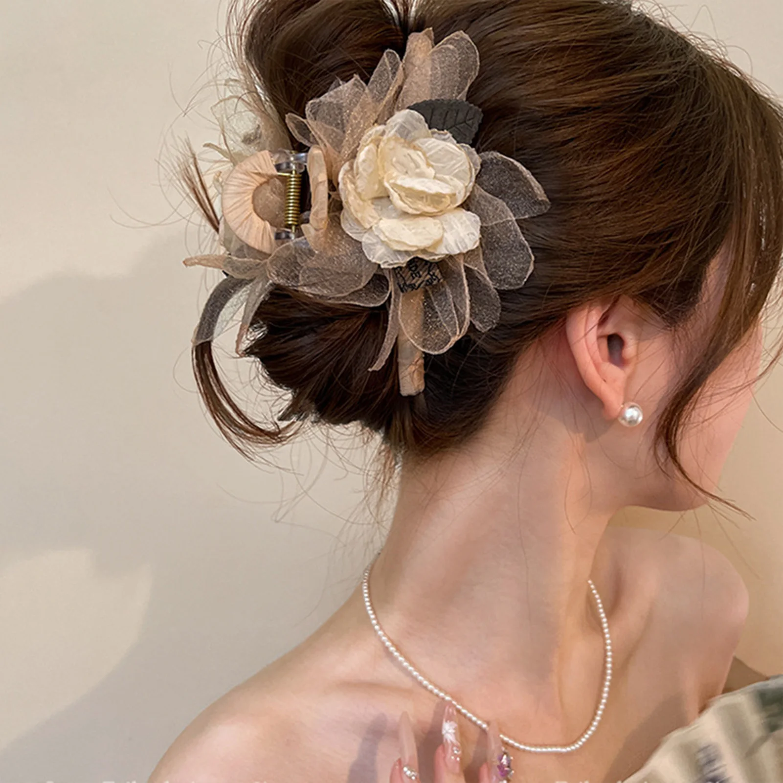 Korean Style Flower Hair Claw Champagne Color Mesh Mountain Camellia Shark Hair Gripper Sweety Exquisite Flower Hair Accessories