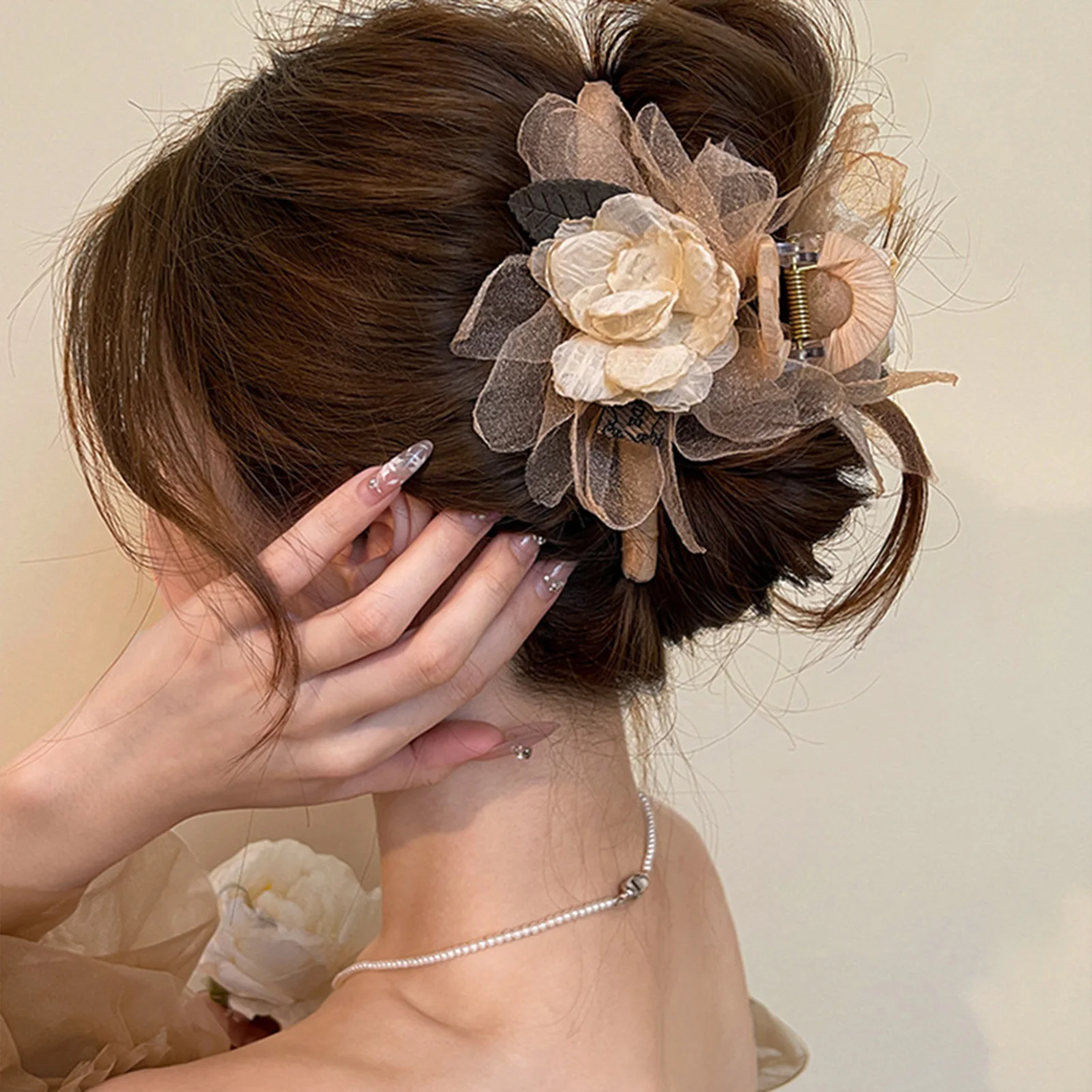 Korean Style Flower Hair Claw Champagne Color Mesh Mountain Camellia Shark Hair Gripper Sweety Exquisite Flower Hair Accessories