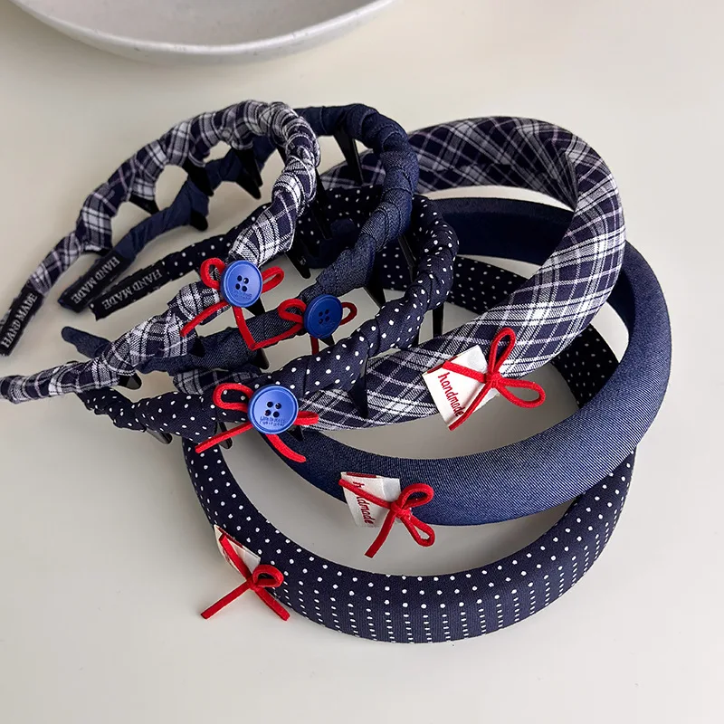 Vintage Headbands for Women British Style Toothed Non-slip Hair Bands Red Bow Blue Hair Hoop Hairband Face Wash Hair Accessories