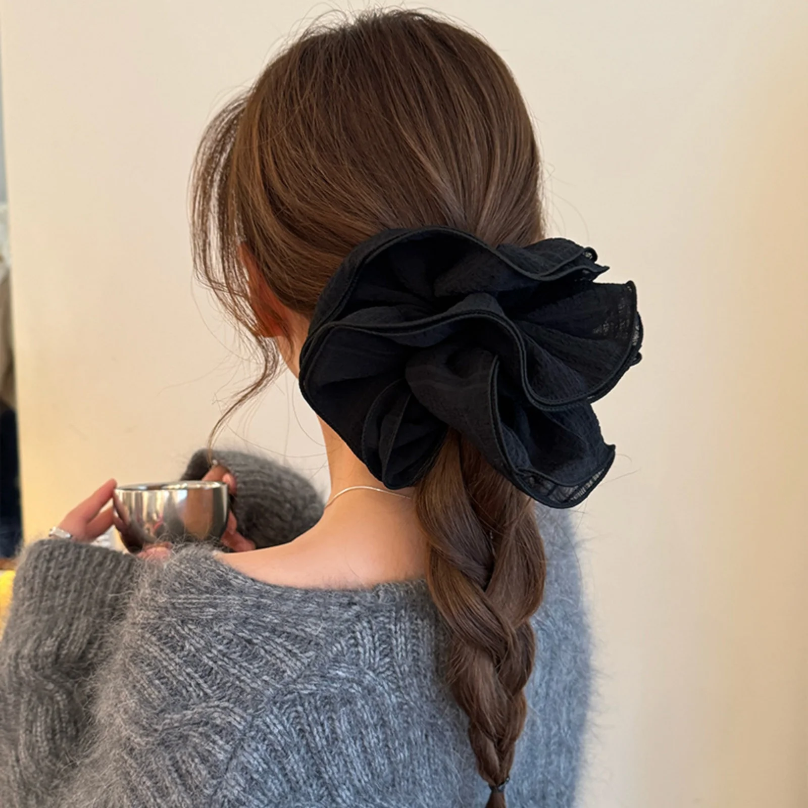 1PC Double-Layer Ruffled Bubble Flower Hair Scrunchie - High-End Korean-Style Hair Tie with Strong Elasticity