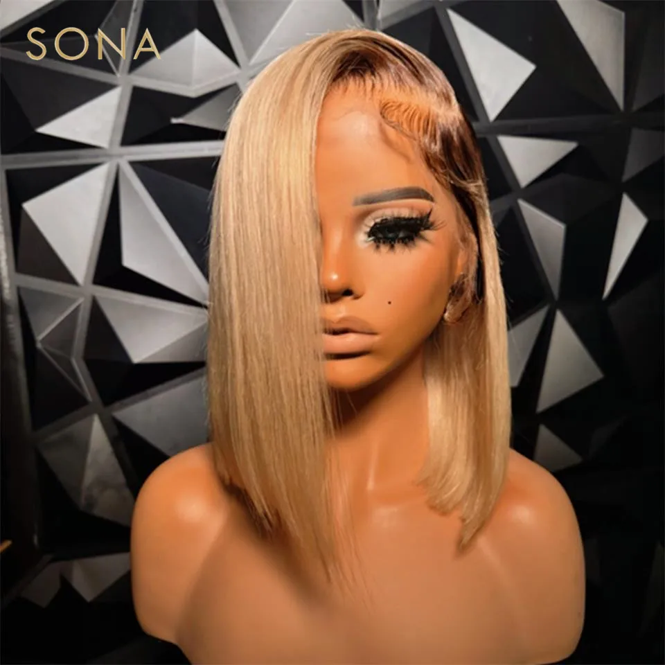 Ash Blonde Ombre Lace Front Wig Honey Blonde 13x6 HD Transparent Lace Frontal Wig Colored Human Hair Bob Wigs With Dark Root