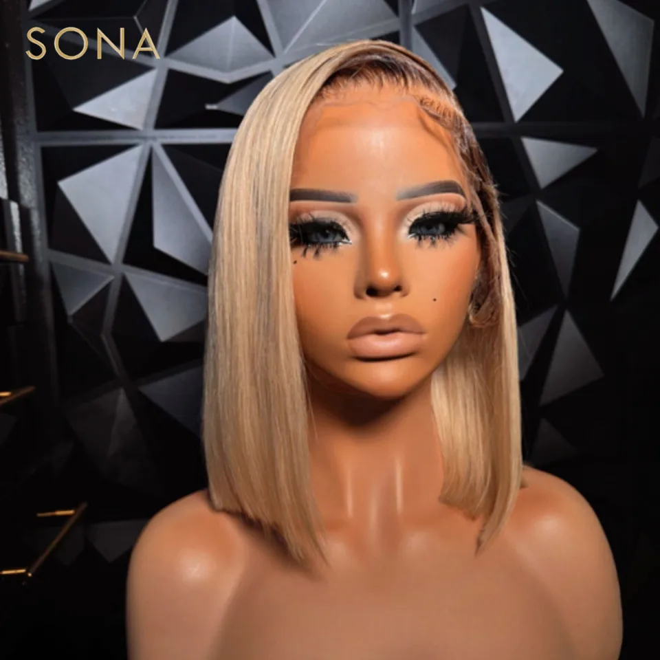 Ash Blonde Ombre Lace Front Wig Honey Blonde 13x6 HD Transparent Lace Frontal Wig Colored Human Hair Bob Wigs With Dark Root