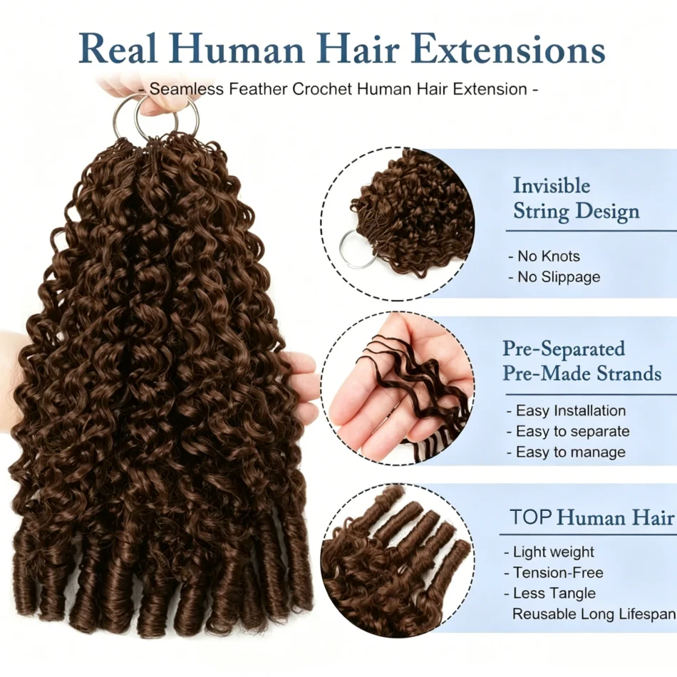 Burmese Curly Chocolate Brown Crochet Hair 60g Pre-Separated Invisible Knotless Human Crochet Hair Reusable Lightweight Hair Extensions For Women