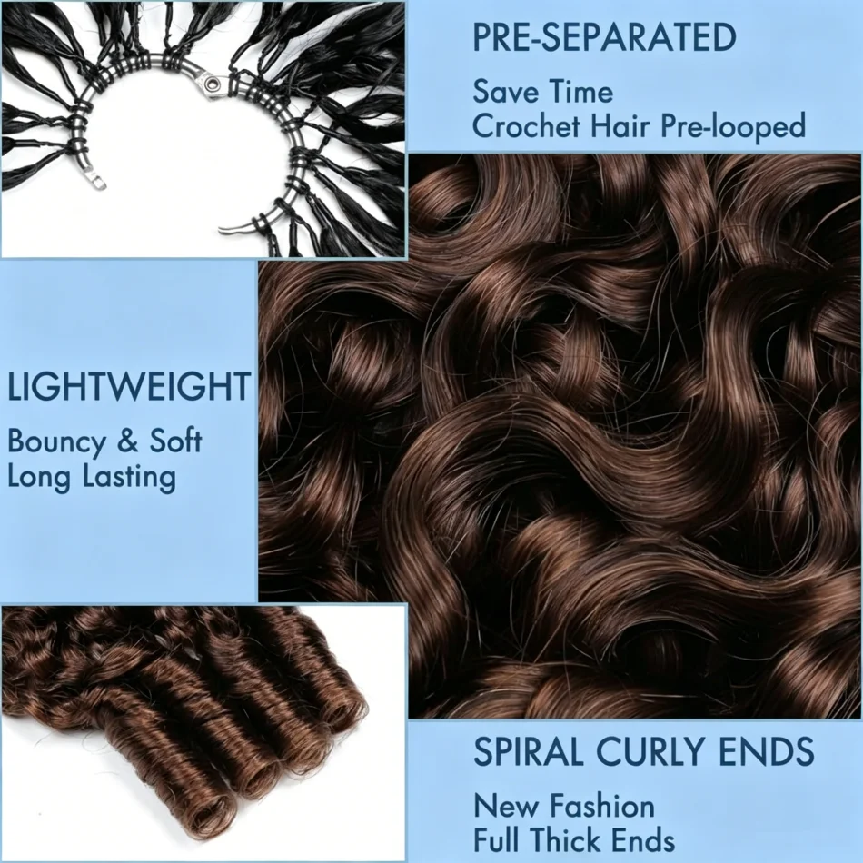 Burmese Curly Chocolate Brown Crochet Hair 60g Pre-Separated Invisible Knotless Human Crochet Hair Reusable Lightweight Hair Extensions For Women