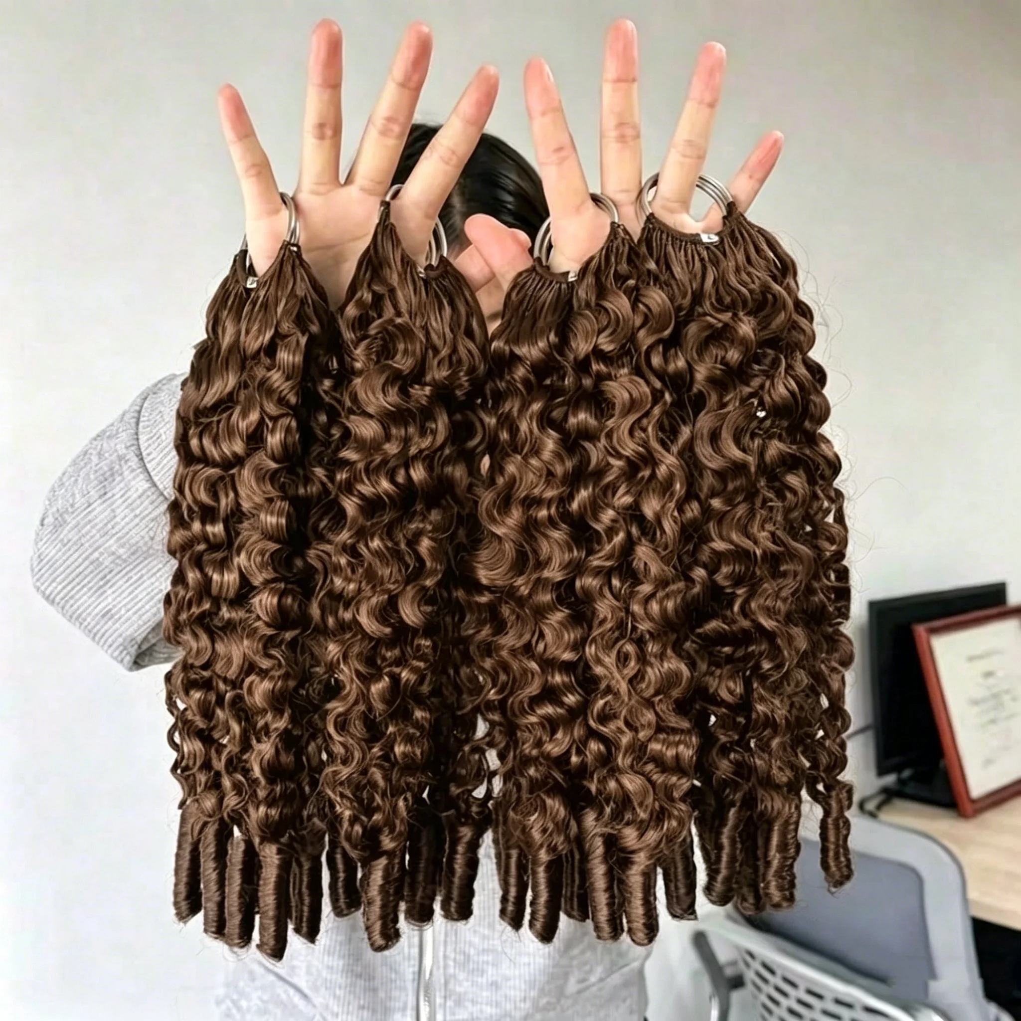 Burmese Curly Chocolate Brown Crochet Hair 60g Pre-Separated Invisible Knotless Human Crochet Hair Reusable Lightweight Hair Extensions For Women