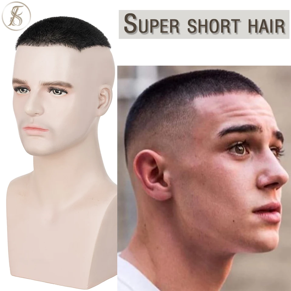 TESS Men Hair Wig 100% Human Hair Men Toupee Buzz Cut Hair System Super Thin Skin Natural Black Short Hair Pieces Wigs for Male