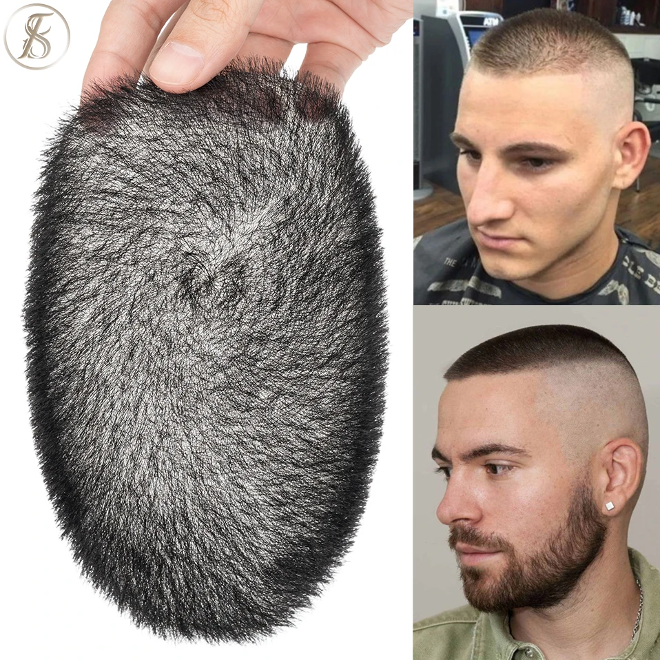 TESS Men Hair Wig 100% Human Hair Men Toupee Buzz Cut Hair System Super Thin Skin Natural Black Short Hair Pieces Wigs for Male
