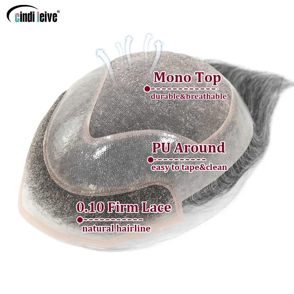 #1B40/#1B60/#1B80 Grey Men's Toupee Hair Replacement System Human Hairpiece Back Style Mono PU Breathable Lace Front Male Wig