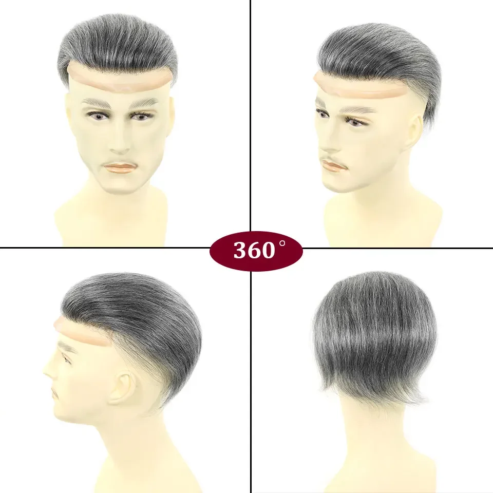 #1B40/#1B60/#1B80 Grey Men's Toupee Hair Replacement System Human Hairpiece Back Style Mono PU Breathable Lace Front Male Wig