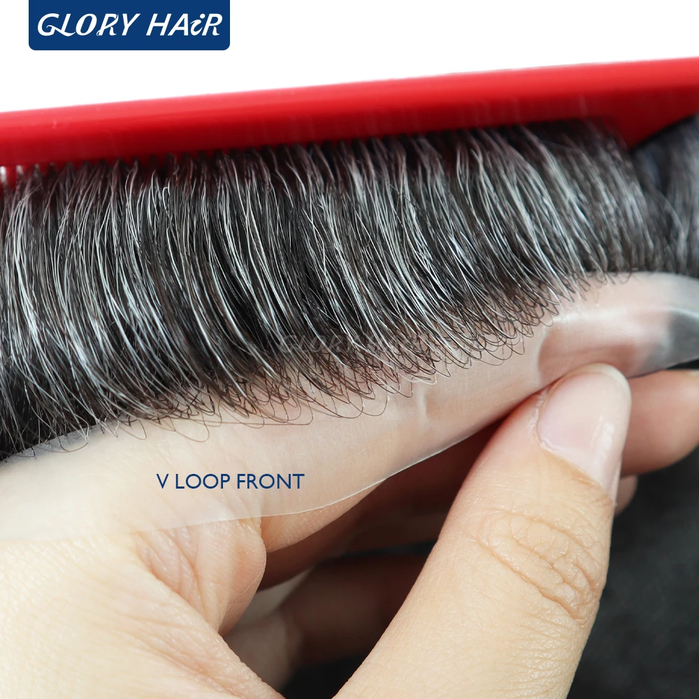 BIO 0.05-0.06mm Thin Skin Toupee For Man V-Loop Front Invisible Hairline Men's Capillary Prosthesis 100%Density Male Hair System
