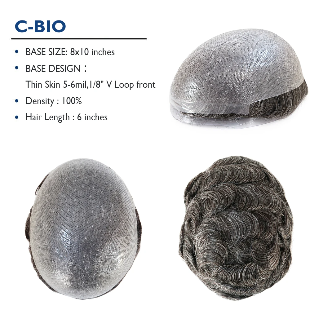 BIO 0.05-0.06mm Thin Skin Toupee For Man V-Loop Front Invisible Hairline Men's Capillary Prosthesis 100%Density Male Hair System