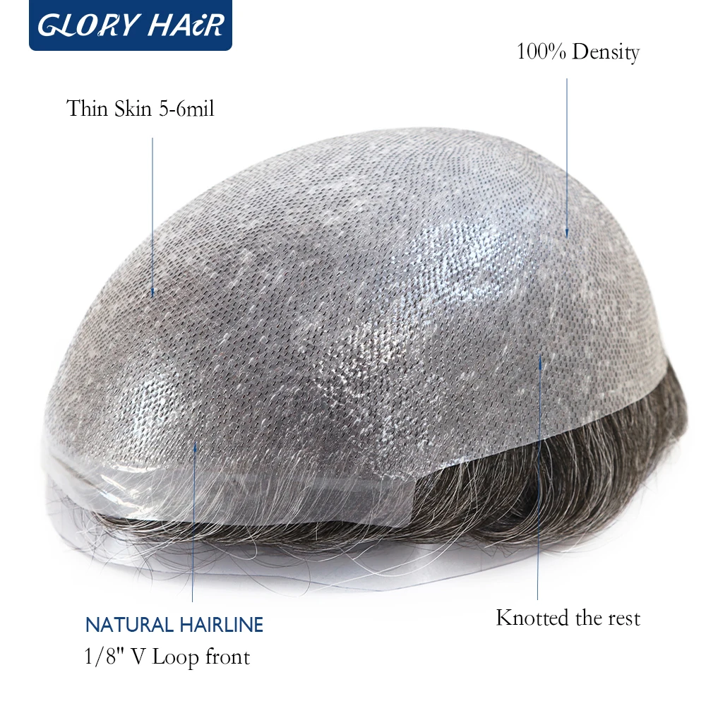 BIO 0.05-0.06mm Thin Skin Toupee For Man V-Loop Front Invisible Hairline Men's Capillary Prosthesis 100%Density Male Hair System