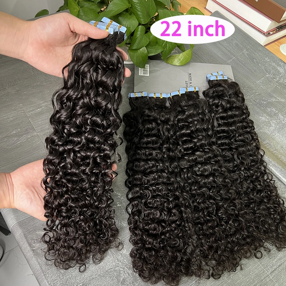 PU Tape In Hair Extensions Deep Curly Human Hair 4x0.8 cm Seamless Weft Hand Tied Adhesives Tape-Ins 100grams Wavy Virgin Hair