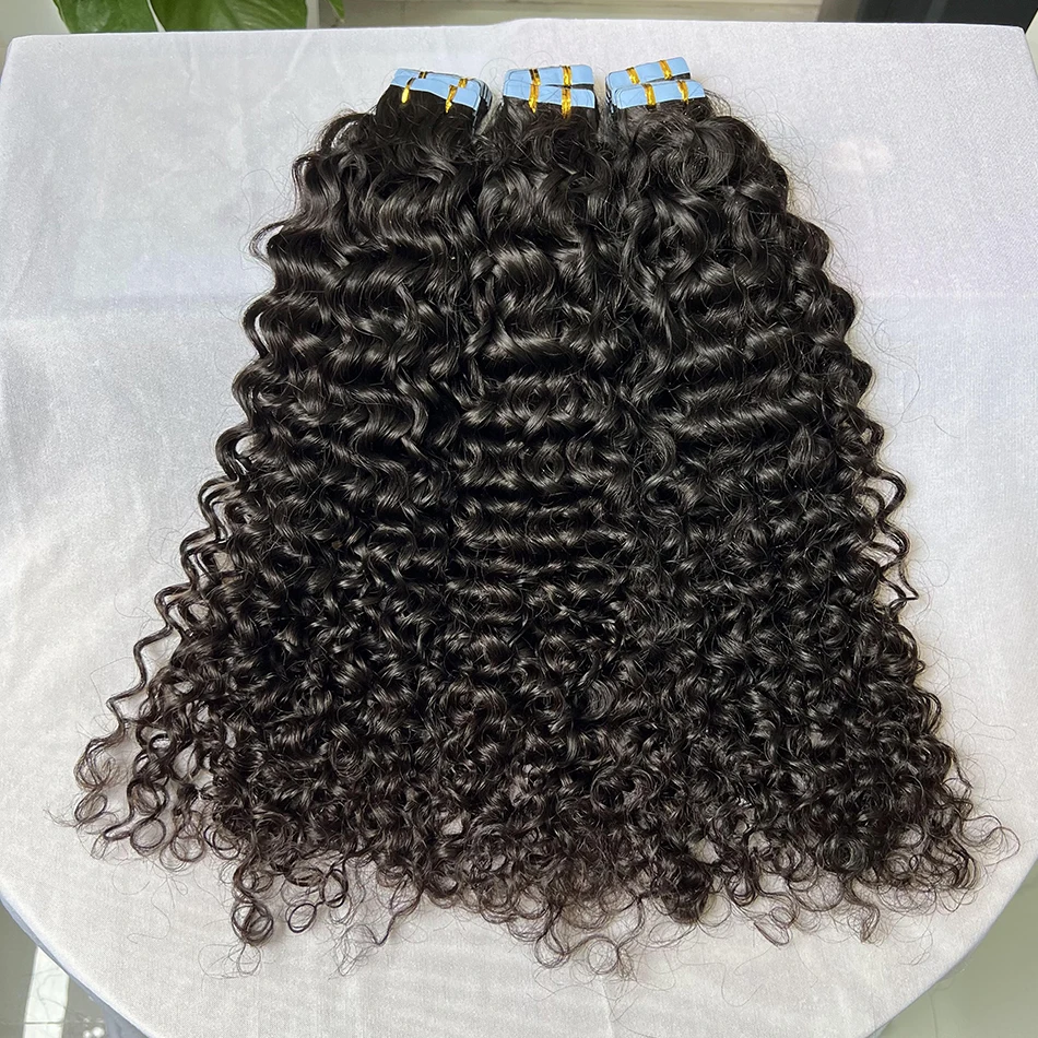 PU Tape In Hair Extensions Deep Curly Human Hair 4x0.8 cm Seamless Weft Hand Tied Adhesives Tape-Ins 100grams Wavy Virgin Hair