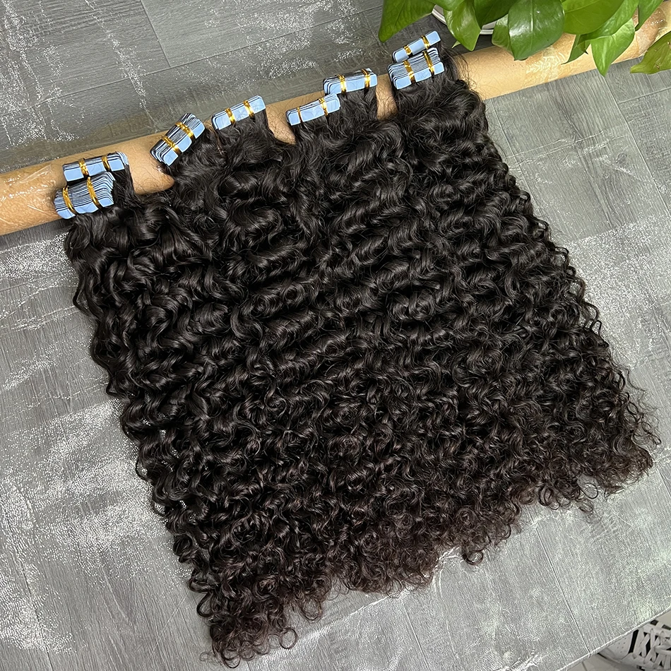 PU Tape In Hair Extensions Deep Curly Human Hair 4x0.8 cm Seamless Weft Hand Tied Adhesives Tape-Ins 100grams Wavy Virgin Hair