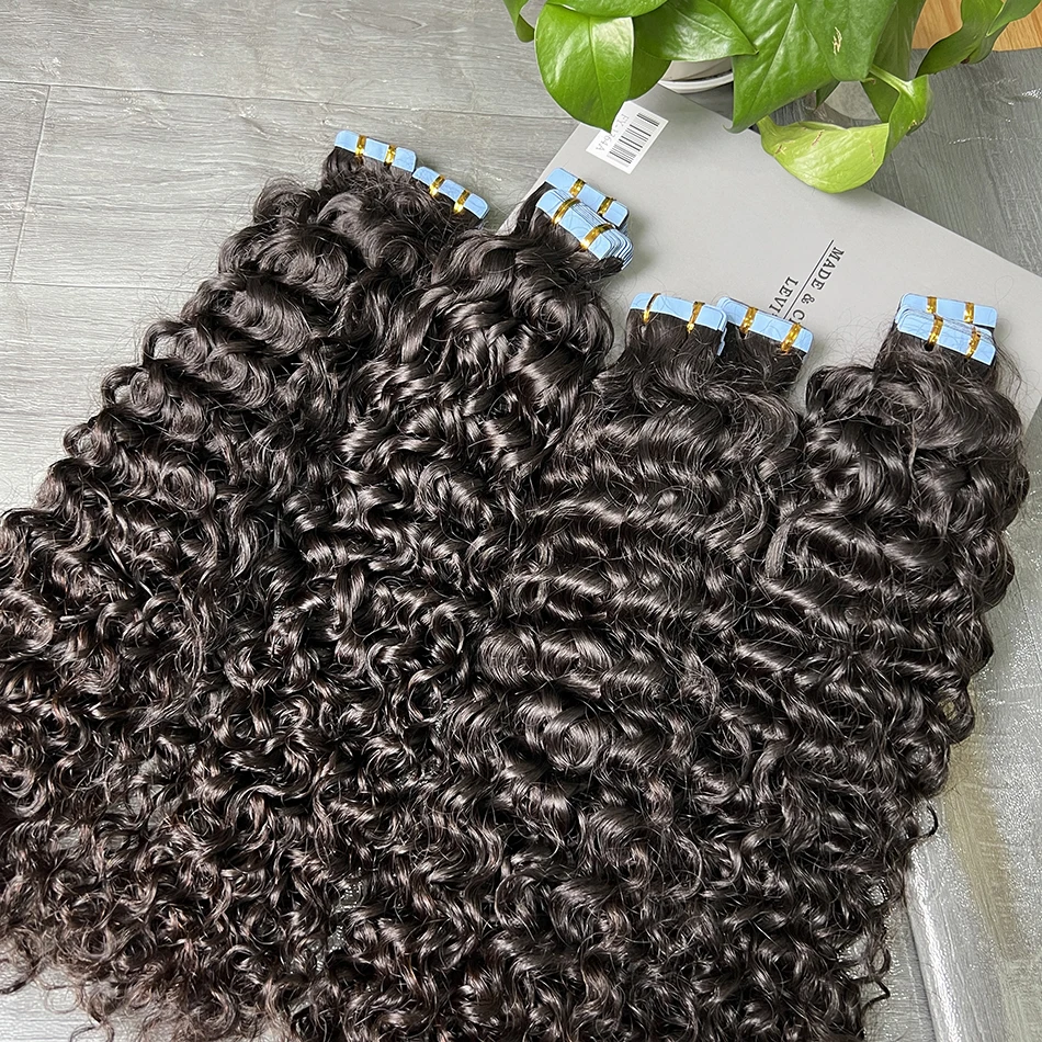 PU Tape In Hair Extensions Deep Curly Human Hair 4x0.8 cm Seamless Weft Hand Tied Adhesives Tape-Ins 100grams Wavy Virgin Hair