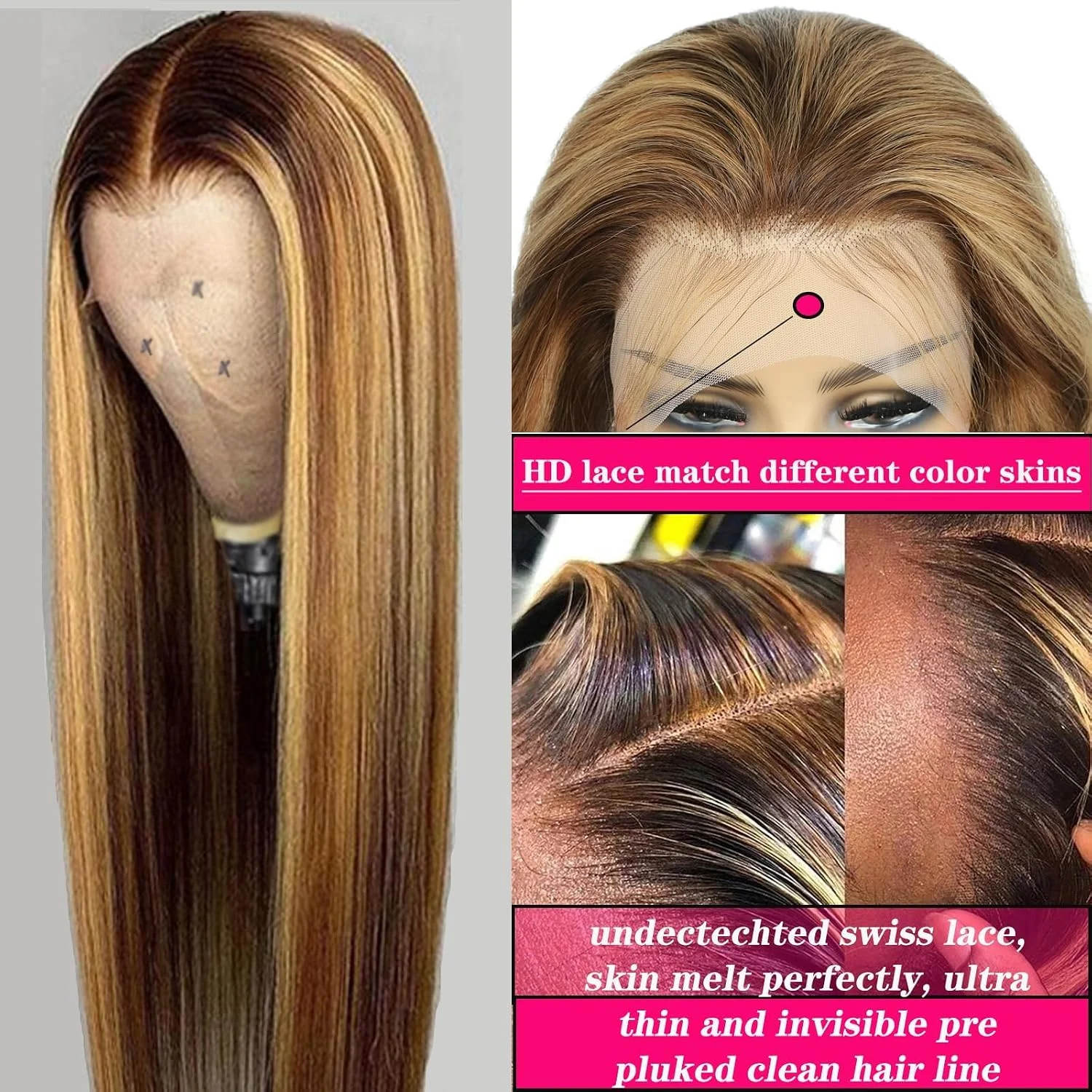 13X4 Ombre Lace Front Wig Human Hair 30Inch 180Density Highlight Straight Wig Pre Plucked Natural Hairline Hd Transparent Frontal Lace Brazilian Virgin Hair, 4/27 Honey Blonde Colored Wigs