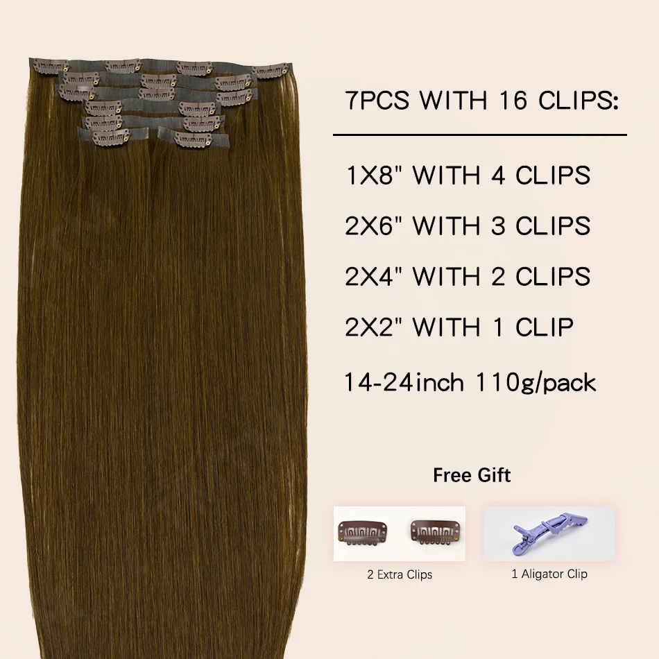 Seamless Pu Clip In Hair Extensions Human Hair 7Pcs Invisible Clip Ins Human Hair Extensions Brown Color 110g Straight Remy Hair