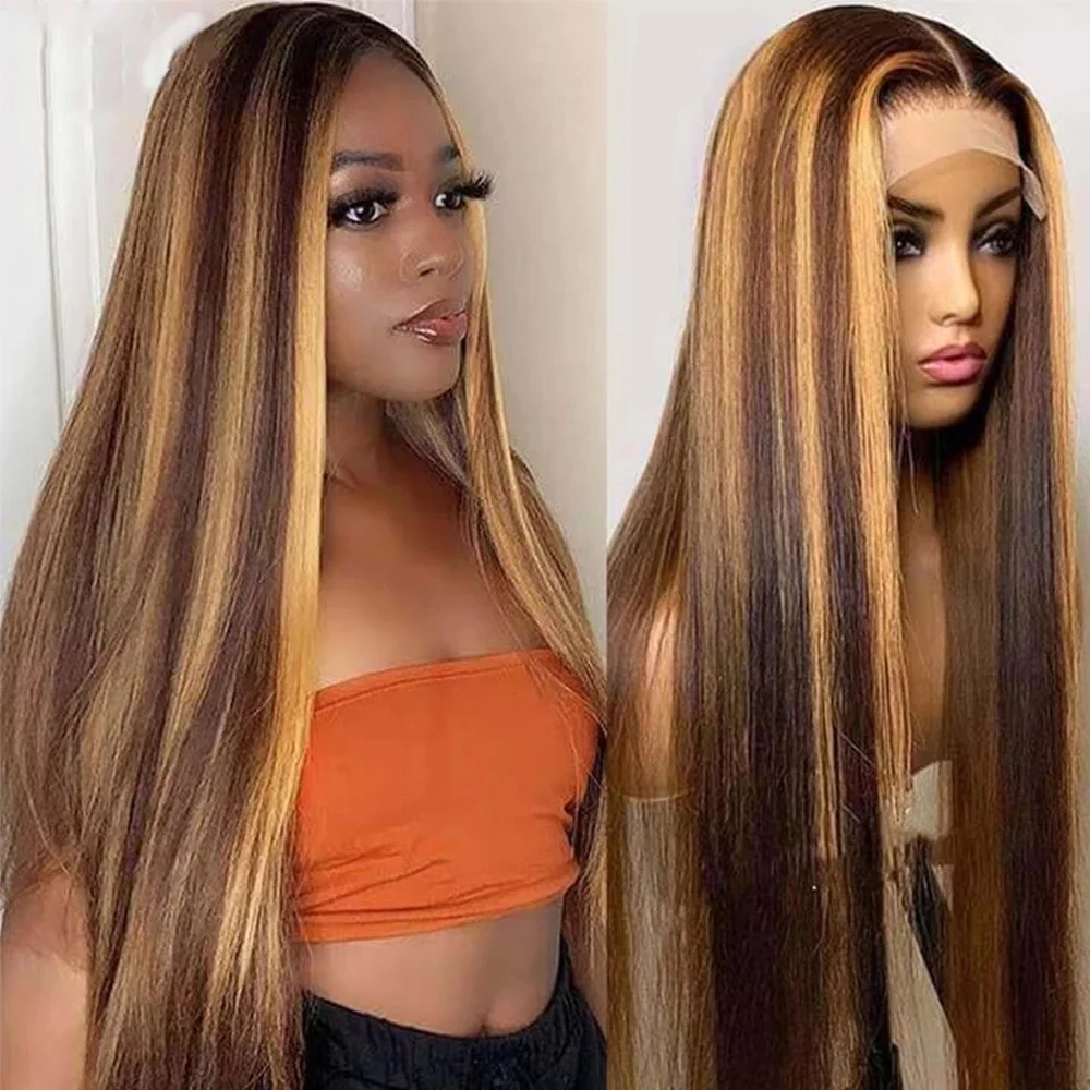 44 46 Inch 13x4 HD P4/27 Highlight Straight Lace Front Wigs Human Hair Wigs 200 Density 13x6 Transparent Full Lace Frontal Wigs