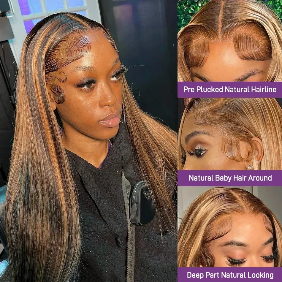 44 46 Inch 13x4 HD P4/27 Highlight Straight Lace Front Wigs Human Hair Wigs 200 Density 13x6 Transparent Full Lace Frontal Wigs