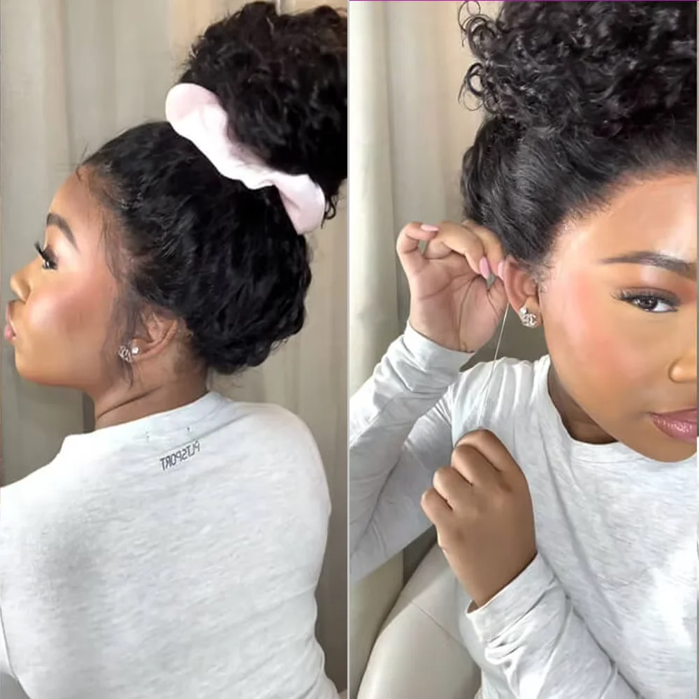 No Glue Upgrade Invisi Strap 360 Full HD Lace Frontal Kinky Curly Wig Black Human Hair 360 Drawstring Deep Water Wigs Glueless