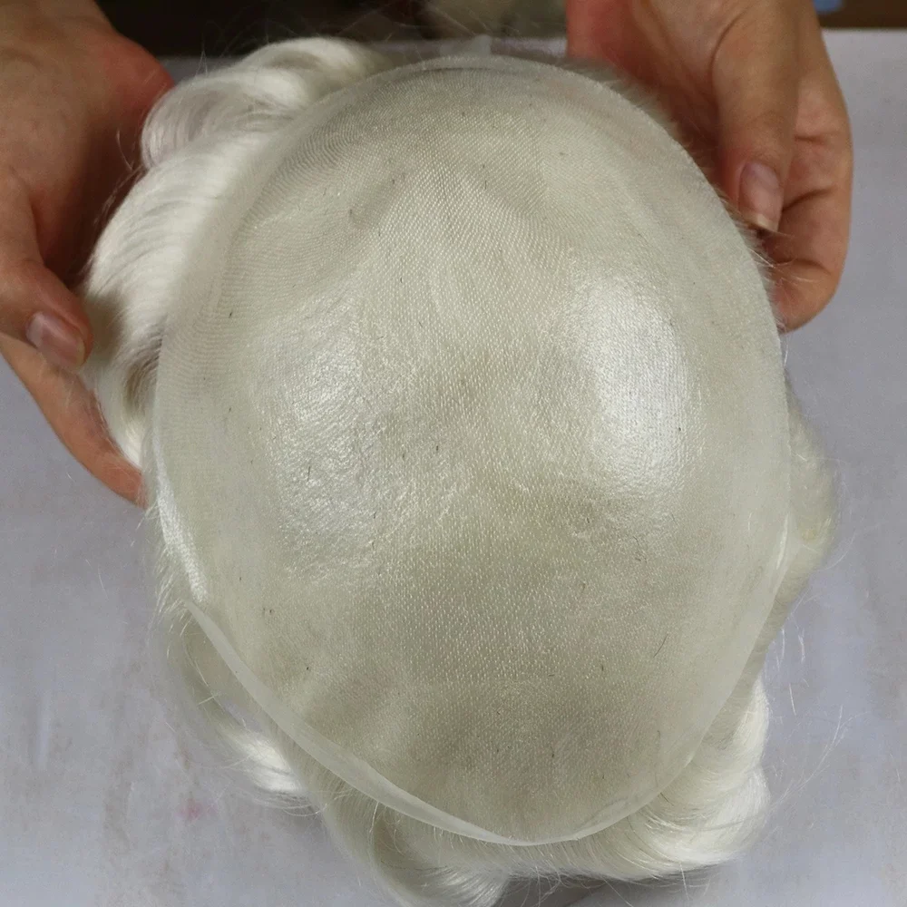 Ash Blonde Grey Men's Capillary Prosthesis Natural Hairline Men Toupee Human Hair 0.04-0.05mm Super Thin Skin Replacement System