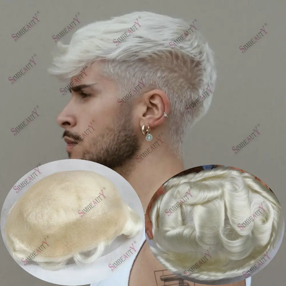 Ash Blonde Grey Men's Capillary Prosthesis Natural Hairline Men Toupee Human Hair 0.04-0.05mm Super Thin Skin Replacement System