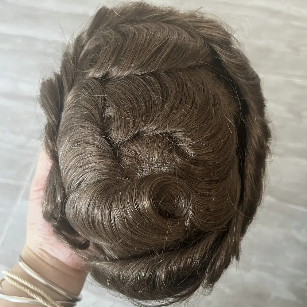 Ash Blonde Grey Men's Capillary Prosthesis Natural Hairline Men Toupee Human Hair 0.04-0.05mm Super Thin Skin Replacement System