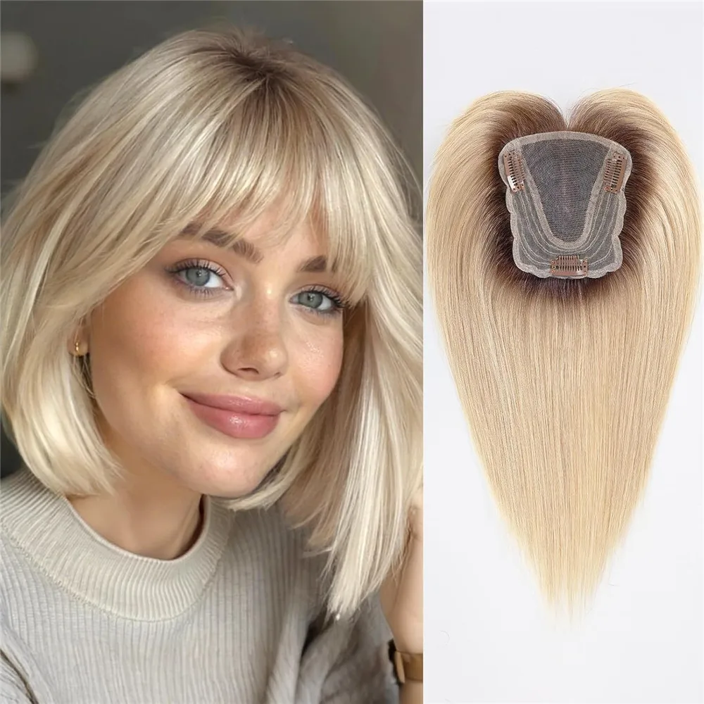 Ombre Blonde Human Hair Topper for Women 4.5"*5" Swiss Lace Base Hand-Tied Hair Topper Natural Looking Highlight Hairpiece