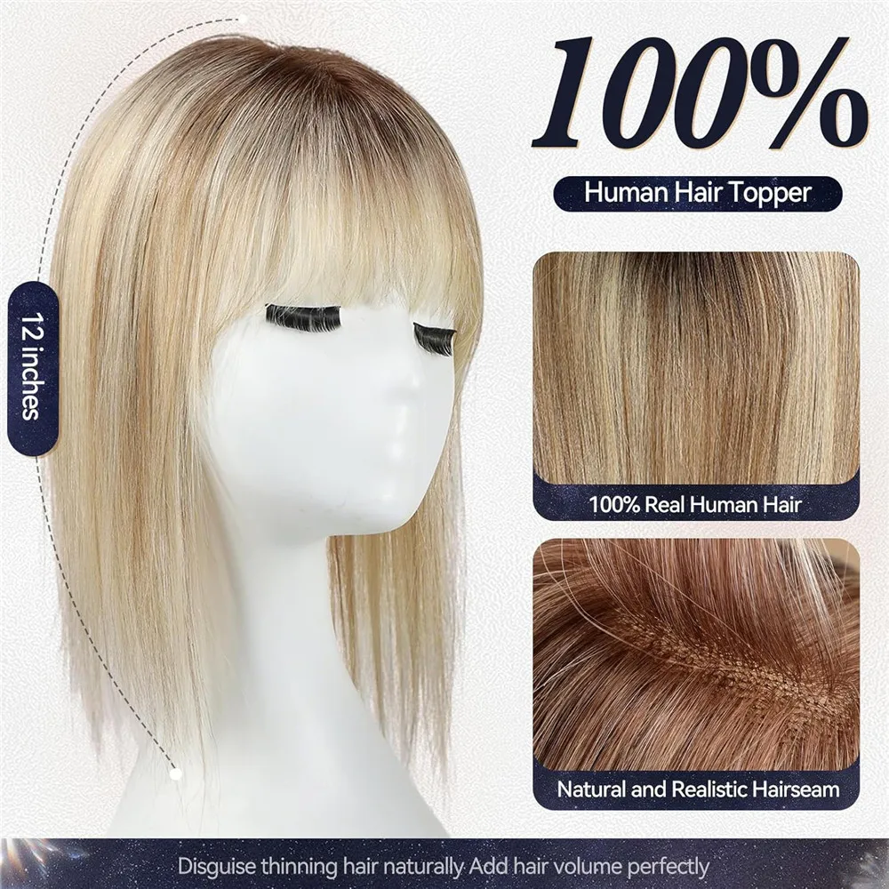 Ombre Blonde Human Hair Topper for Women 4.5"*5" Swiss Lace Base Hand-Tied Hair Topper Natural Looking Highlight Hairpiece