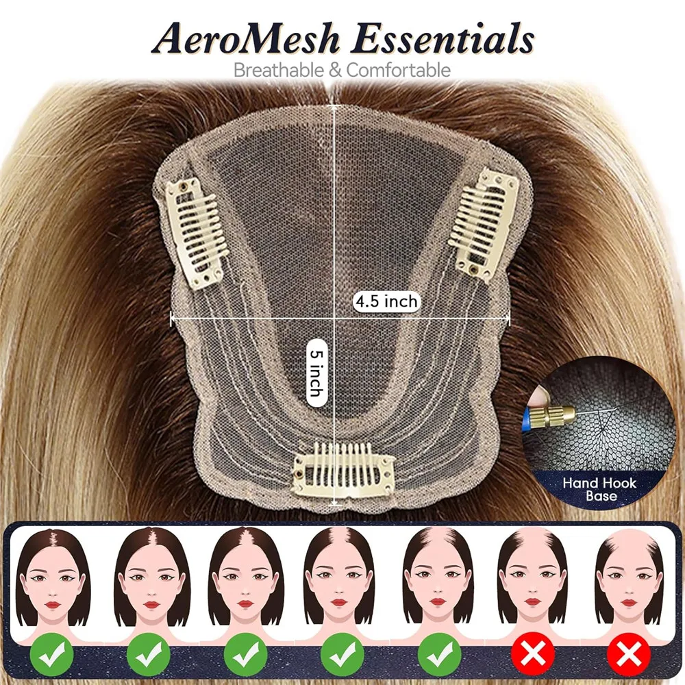 Ombre Blonde Human Hair Topper for Women 4.5"*5" Swiss Lace Base Hand-Tied Hair Topper Natural Looking Highlight Hairpiece