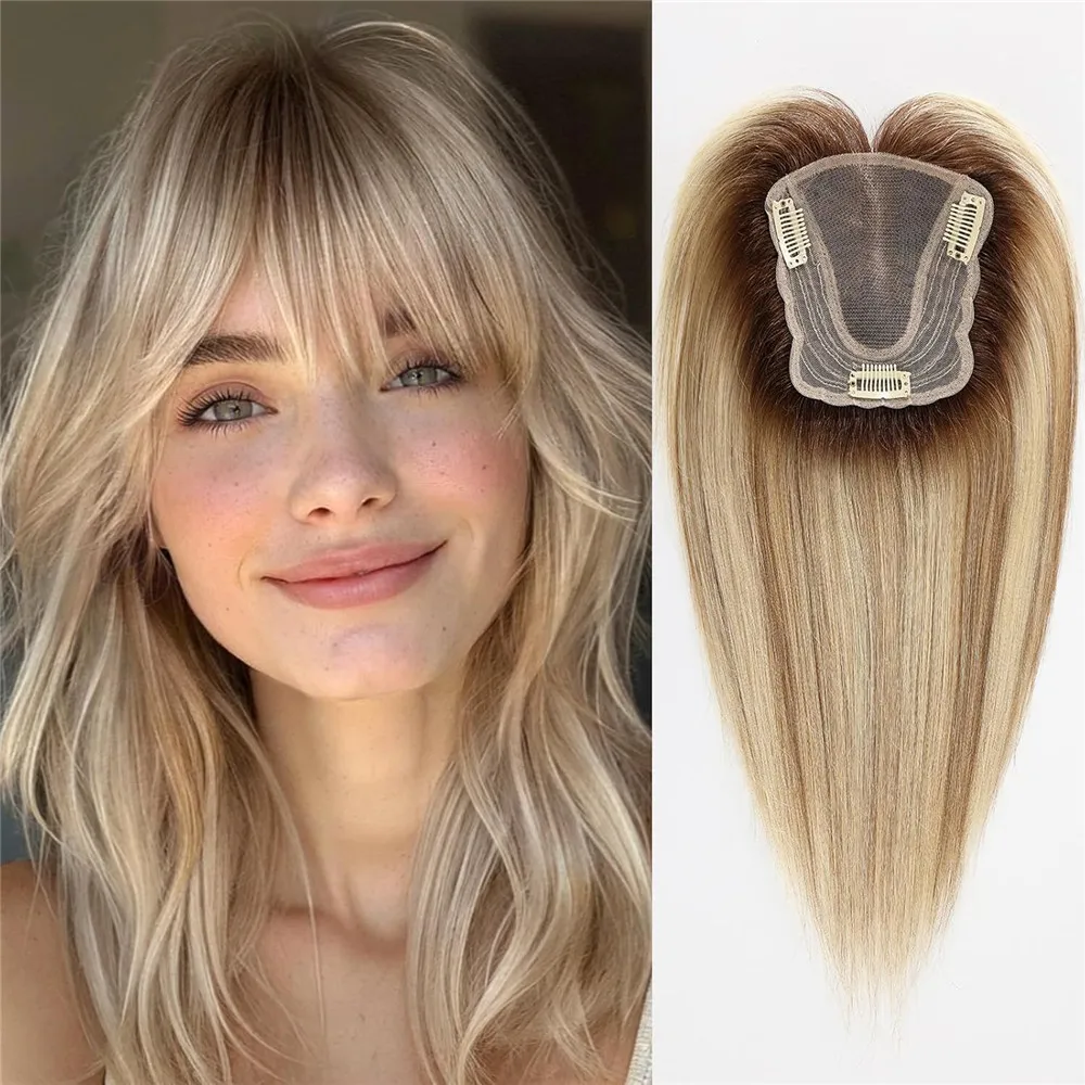 Ombre Blonde Human Hair Topper for Women 4.5"*5" Swiss Lace Base Hand-Tied Hair Topper Natural Looking Highlight Hairpiece