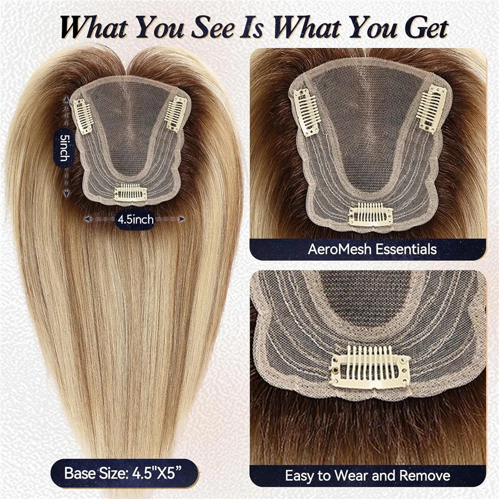 Ombre Blonde Human Hair Topper for Women 4.5"*5" Swiss Lace Base Hand-Tied Hair Topper Natural Looking Highlight Hairpiece