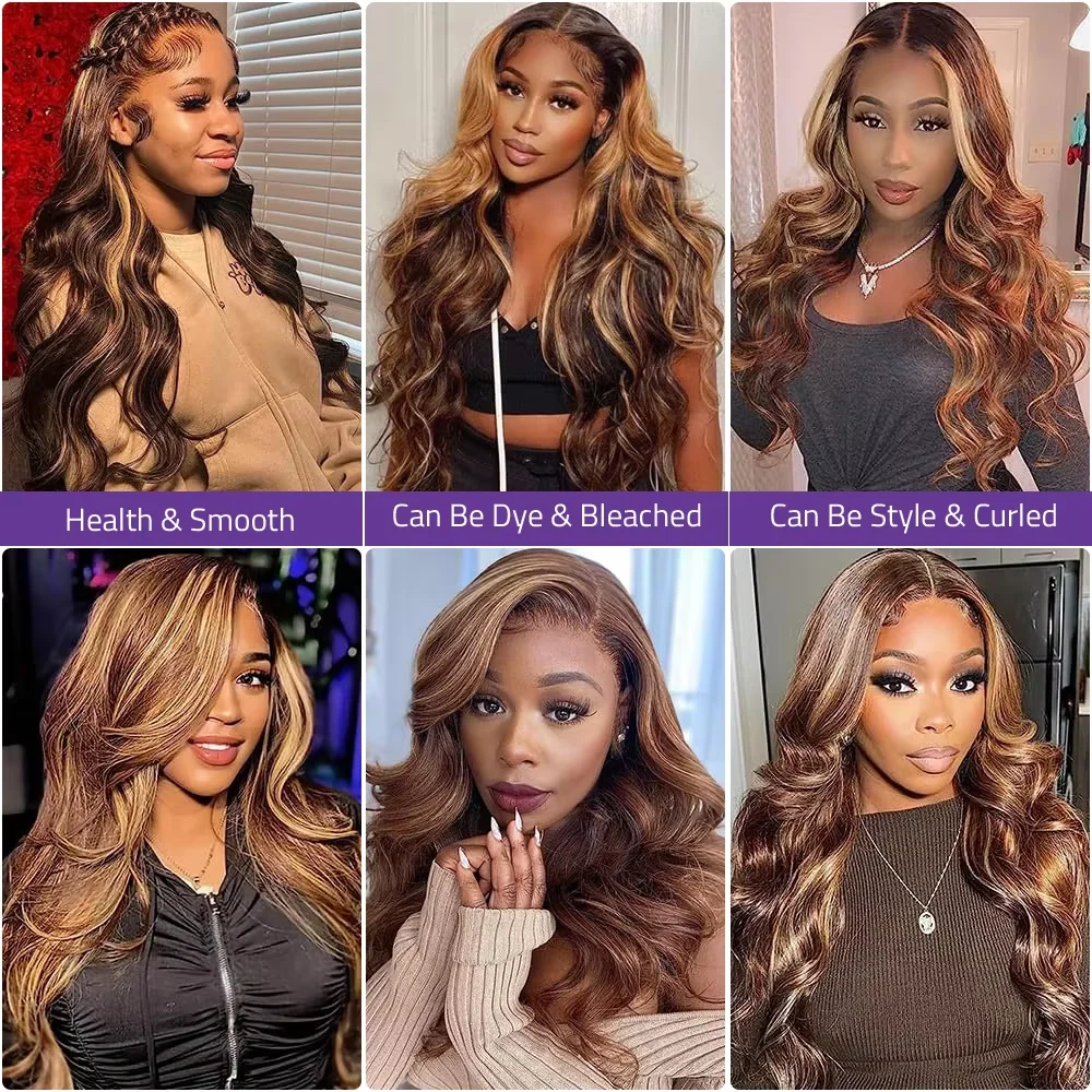 P4/27 Highlight Body Wave Lace Front Wig 13x4 13x6 HD Transparent Lace Pre Plucked Hairline With Baby Hair 200 Density Long Wavy Wig For Women 30 40 46 Inch