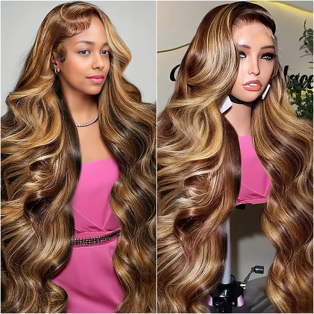P4/27 Highlight Body Wave Lace Front Wig 13x4 13x6 HD Transparent Lace Pre Plucked Hairline With Baby Hair 200 Density Long Wavy Wig For Women 30 40 46 Inch