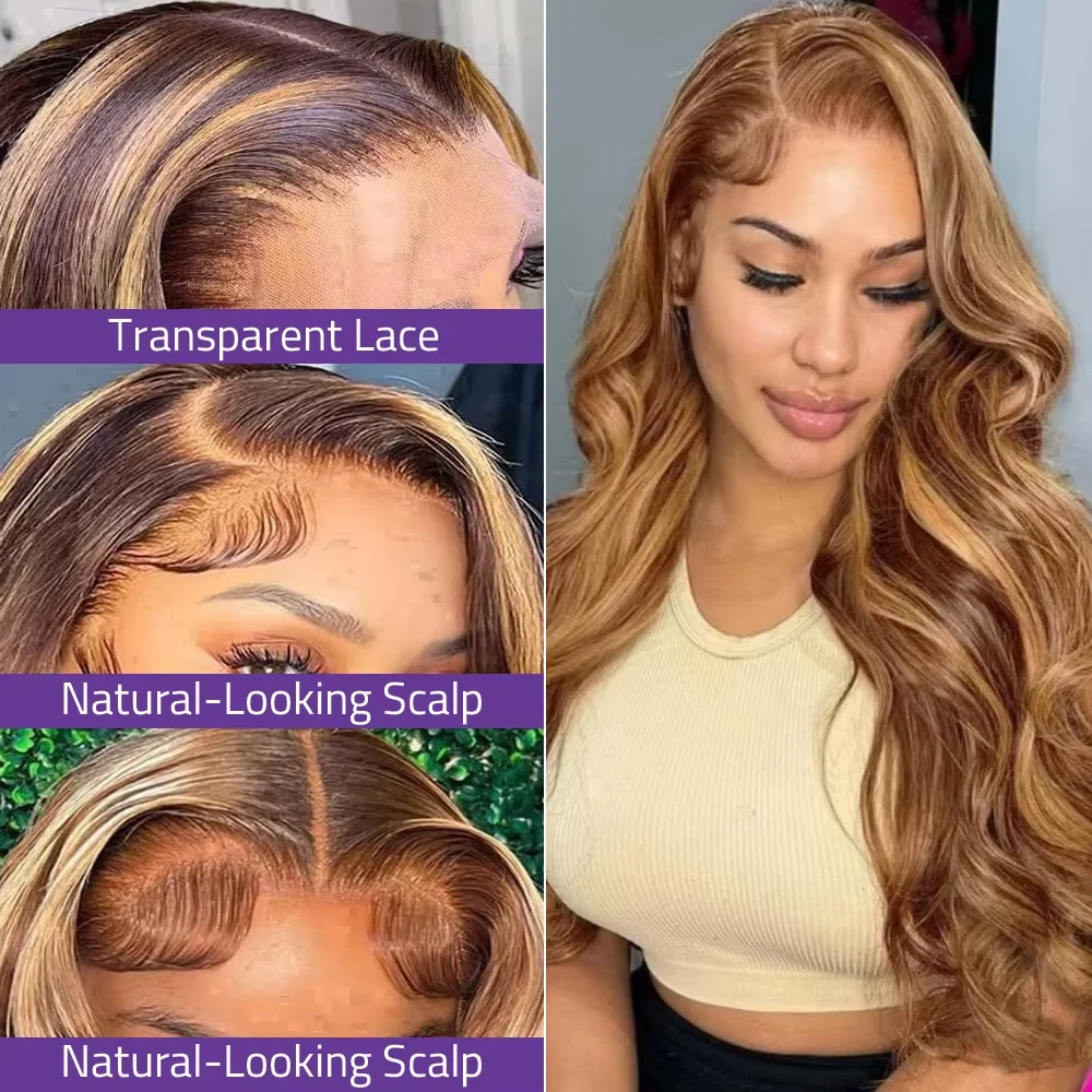 P4/27 Highlight Body Wave Lace Front Wig 13x4 13x6 HD Transparent Lace Pre Plucked Hairline With Baby Hair 200 Density Long Wavy Wig For Women 30 40 46 Inch