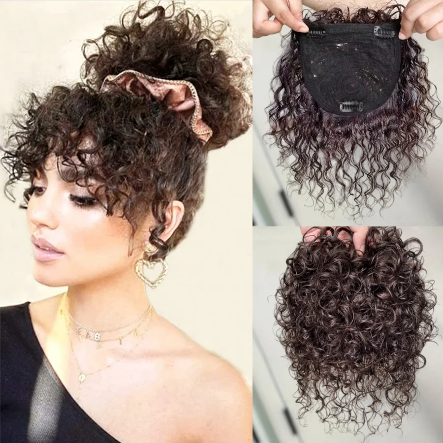 13x14CM Curly Human Hair Topper with Bangs Seamless Fluffy Short Curly Clip in Topper Hair Pieces for Women with Thinning Hair
