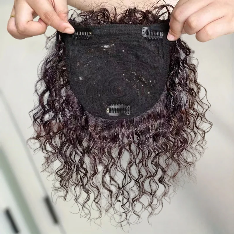 13x14CM Curly Human Hair Topper with Bangs Seamless Fluffy Short Curly Clip in Topper Hair Pieces for Women with Thinning Hair