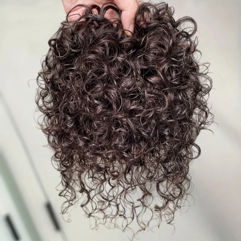 13x14CM Curly Human Hair Topper with Bangs Seamless Fluffy Short Curly Clip in Topper Hair Pieces for Women with Thinning Hair