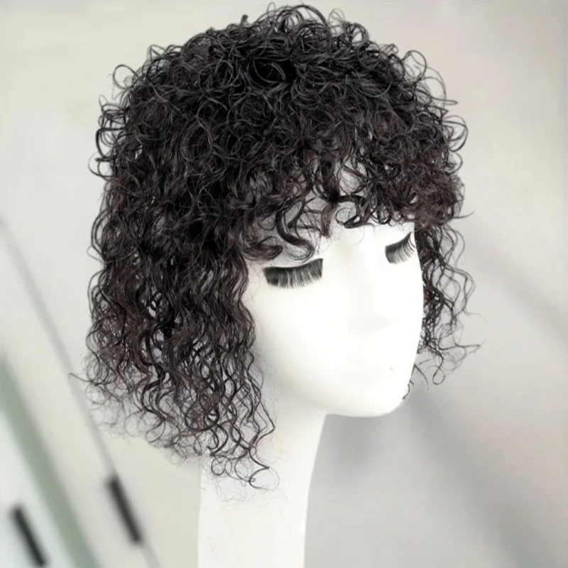 13x14CM Curly Human Hair Topper with Bangs Seamless Fluffy Short Curly Clip in Topper Hair Pieces for Women with Thinning Hair