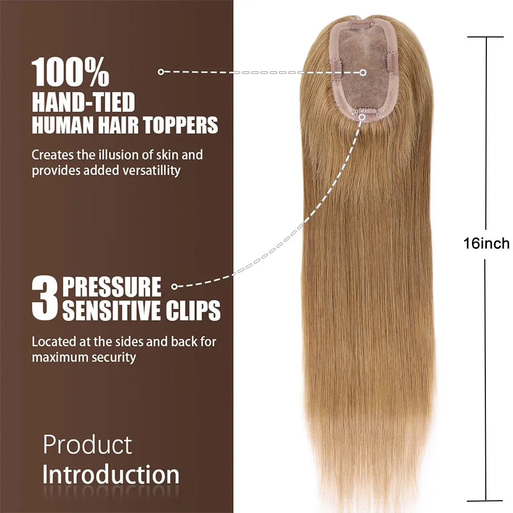 Honey Blonde Human Hair Toppers for Women 16Inch Straight Clip In Remy Hair Extensions Mono Base Topper Hairpiece for Thin Hair
