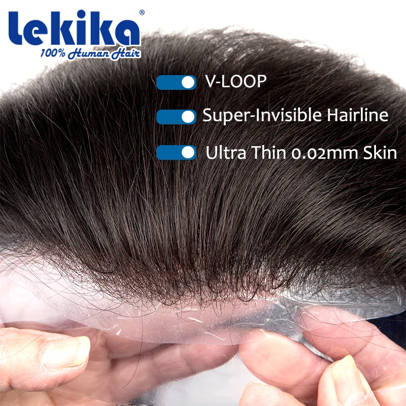 VLoop Super Natural Hairline Ultra Thin Skin 0.02mm 80%Density Undetectable Men Toupee Brown Black Grey 520# Hair System for Men