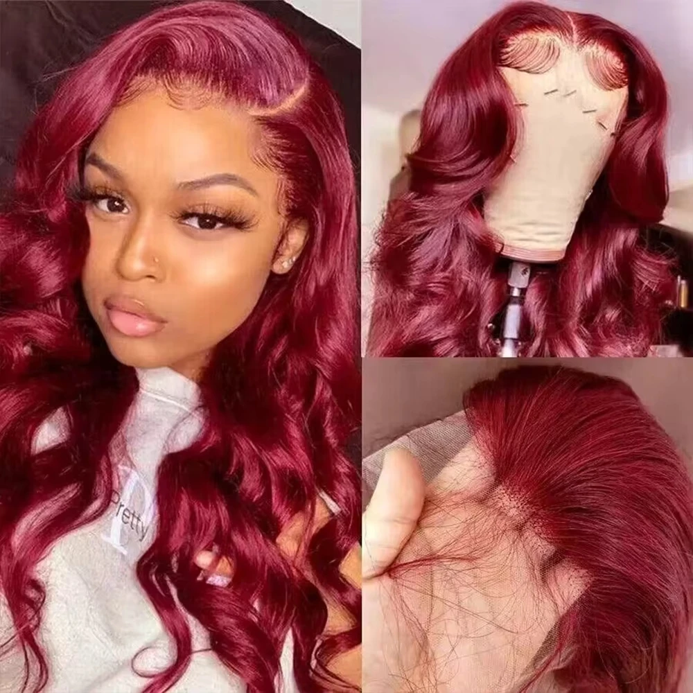 210 Density 99J Burgundy 13x6 HD Transparent Lace Frontal Human Hair Wigs Brazilian Colored 30 46 Inch Body Wave 13x4 Lace Front Wig Pre Plucked With Baby Hair For Women