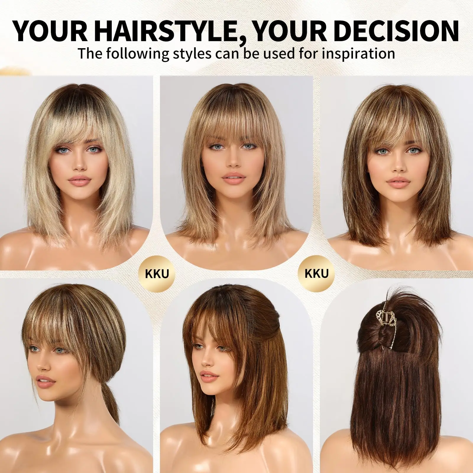 Ombre Golden Brown 100% Remy Human Hairs for Women Natural Daily Straight 12inch Short Human Hair Wigs with Bangs Heat Resistant
