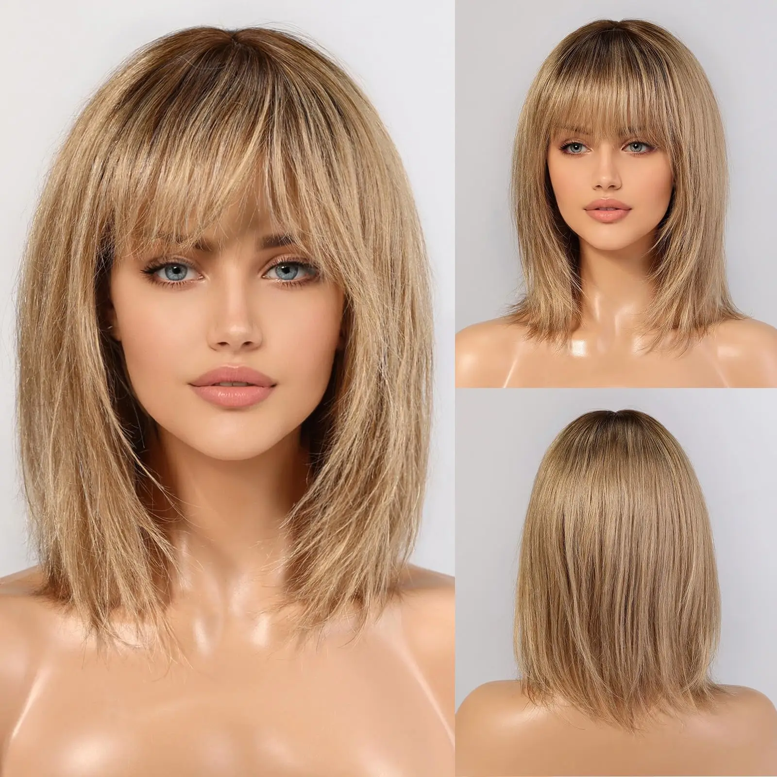Ombre Golden Brown 100% Remy Human Hairs for Women Natural Daily Straight 12inch Short Human Hair Wigs with Bangs Heat Resistant