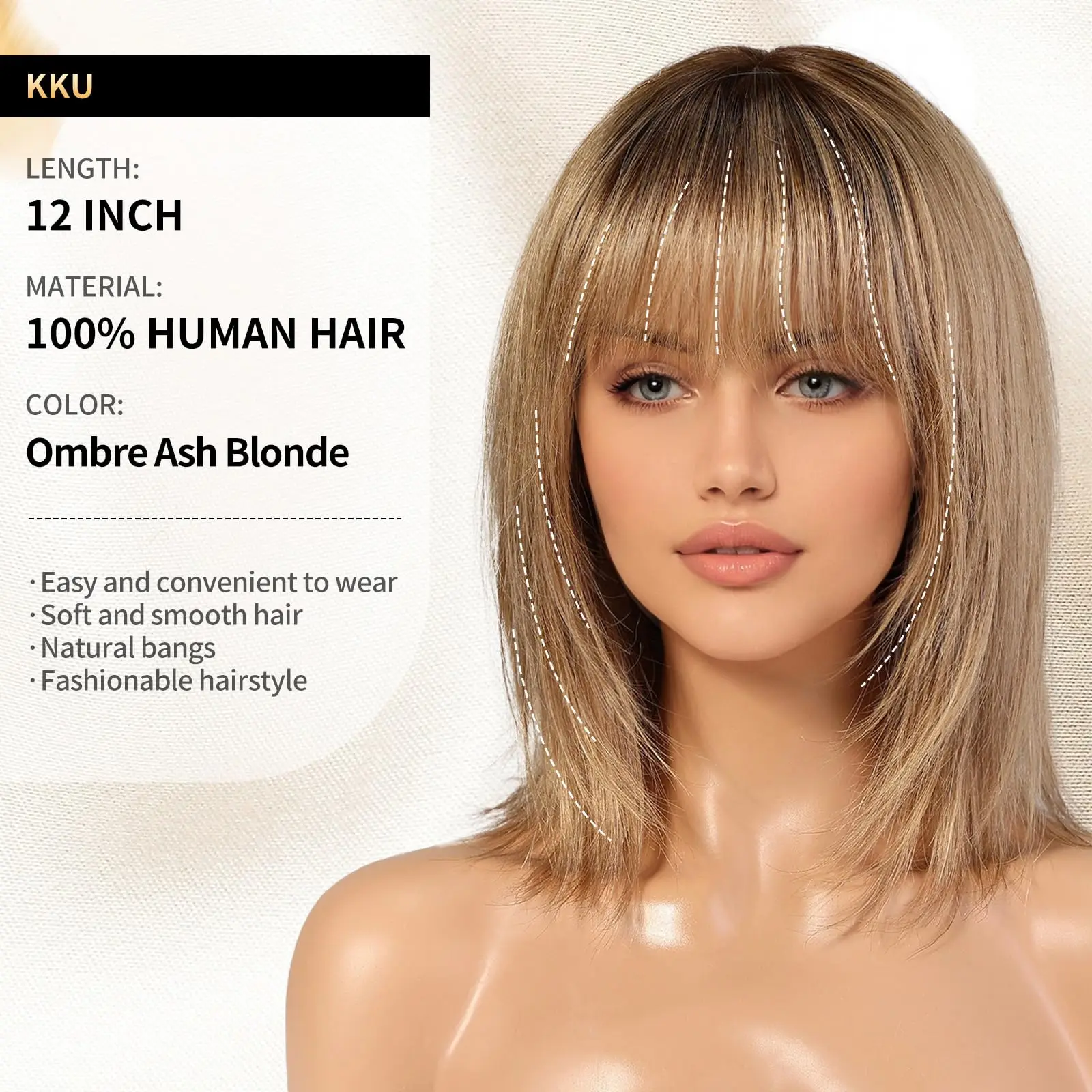 Ombre Golden Brown 100% Remy Human Hairs for Women Natural Daily Straight 12inch Short Human Hair Wigs with Bangs Heat Resistant