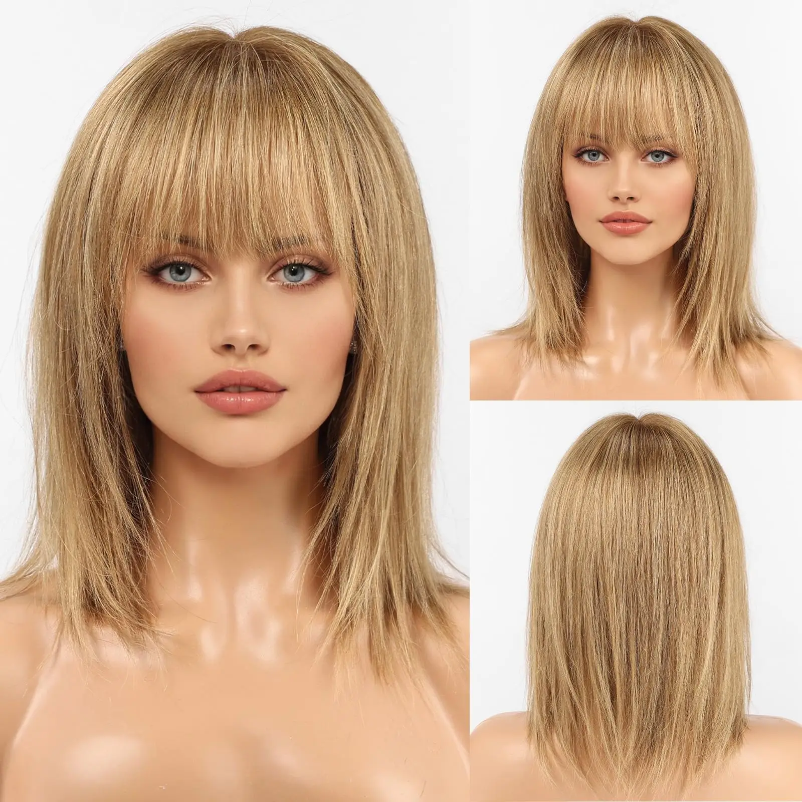 Ombre Golden Brown 100% Remy Human Hairs for Women Natural Daily Straight 12inch Short Human Hair Wigs with Bangs Heat Resistant