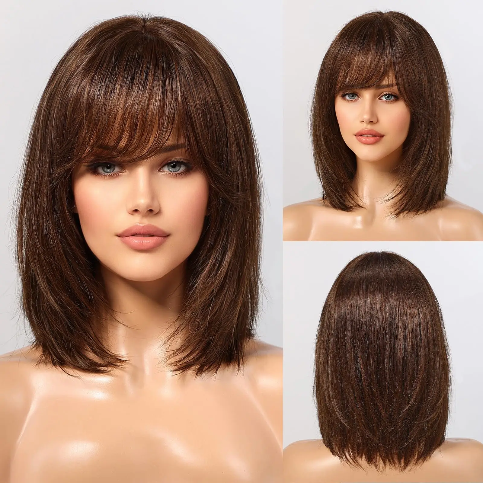 Ombre Golden Brown 100% Remy Human Hairs for Women Natural Daily Straight 12inch Short Human Hair Wigs with Bangs Heat Resistant